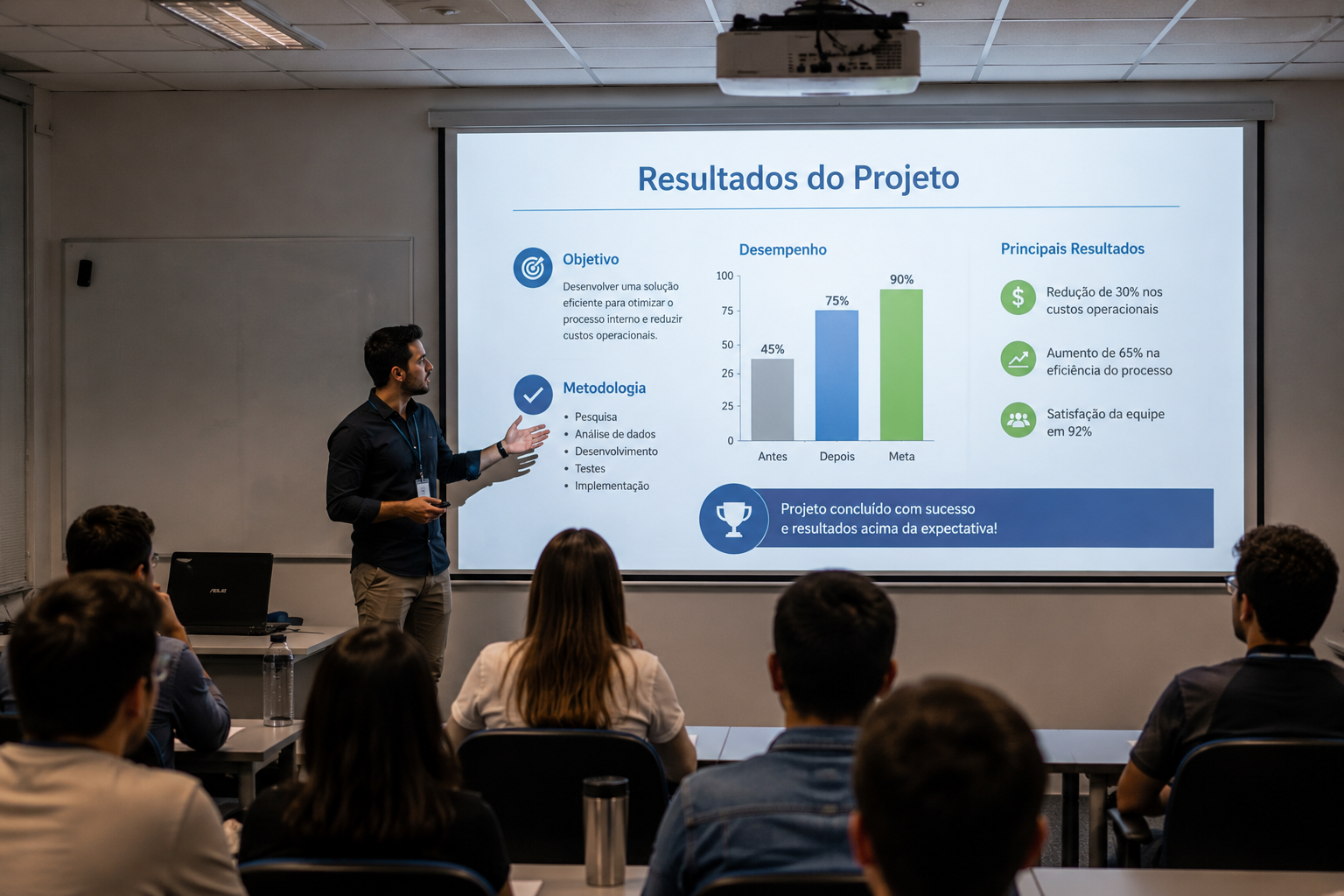 Apresentação profissional com projetor em sala